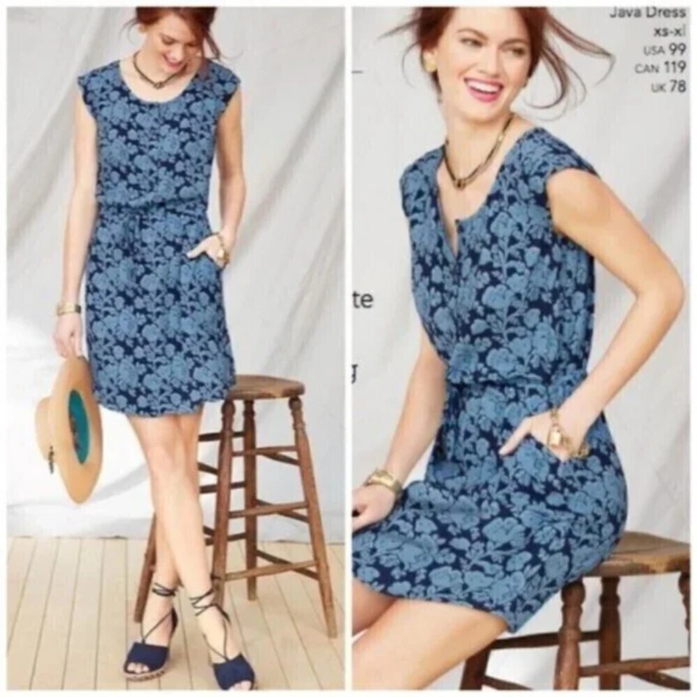 CABI Blue Floral Print Sleeveless Button Up Waist Tie Short Java Dress Small